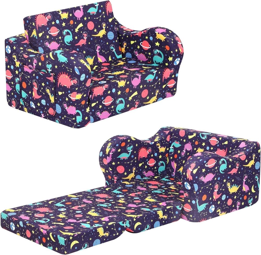 Kids Dinosaur Sofa, 2-in-1 Flip-Out Foam Couch, Foldable Soft Play, Purple